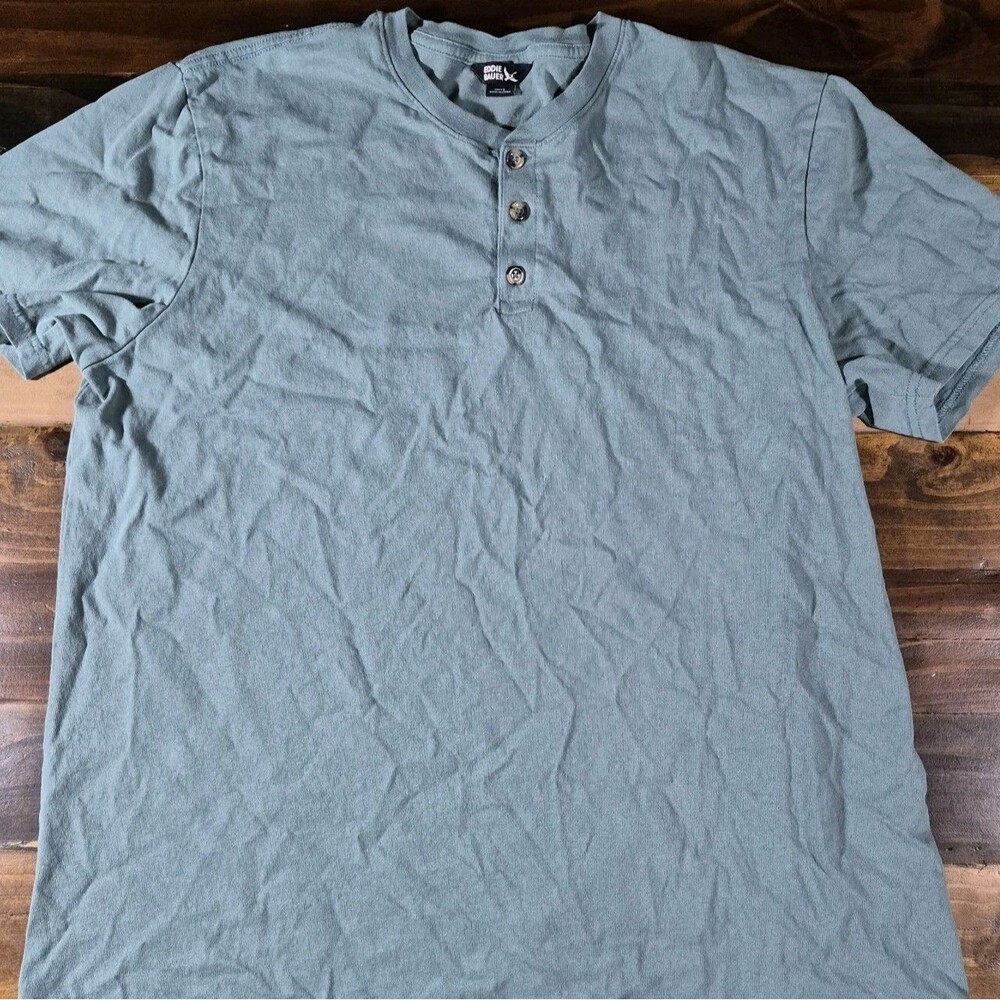 Eddie Bauer Men’s Large Henley Short Sleeved Shirt Green 100% Cotton